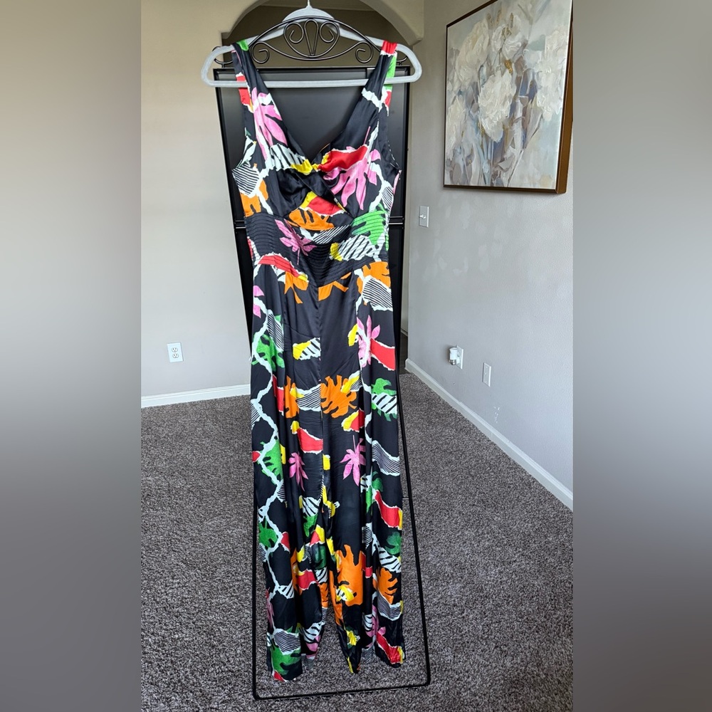 Isolda Black Maxi Silk Jumpsuit with Multicolor Floral Design